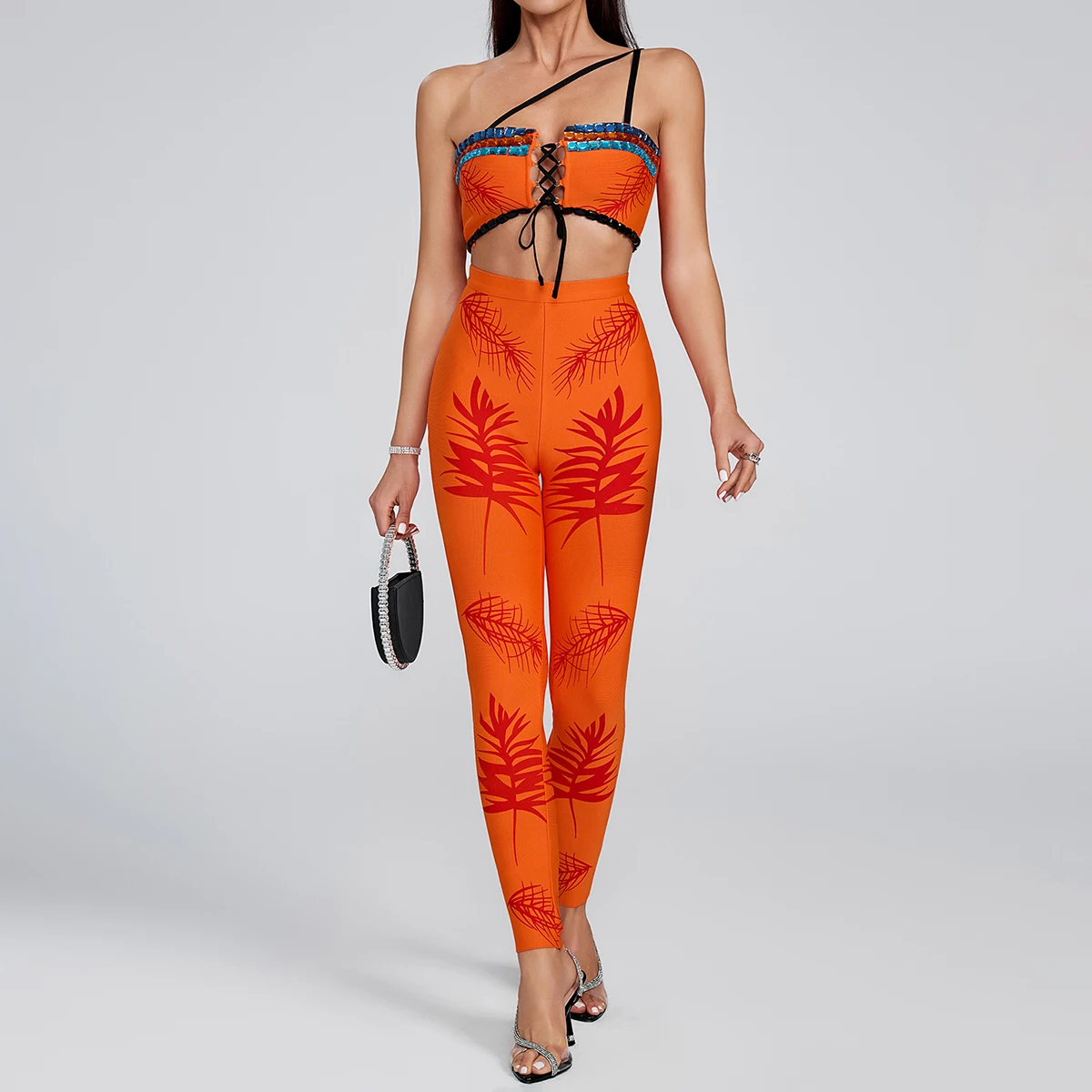 

Folk Style Two-Piece Clothing for Women, Colorful Diamonds Decoration, Single Shoulder Tops, Slim Pant, Chic Pantsuits, Orange