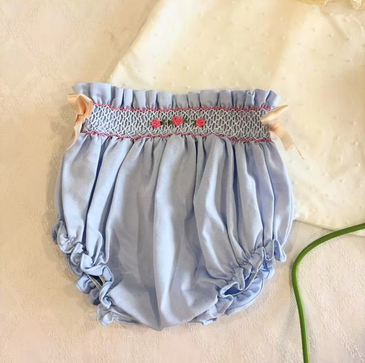 0-6Y Baby Girl Summer Handmade Embroidery Smocked Beige Blue Outfit Suit for Birthday Photography Holiday A285