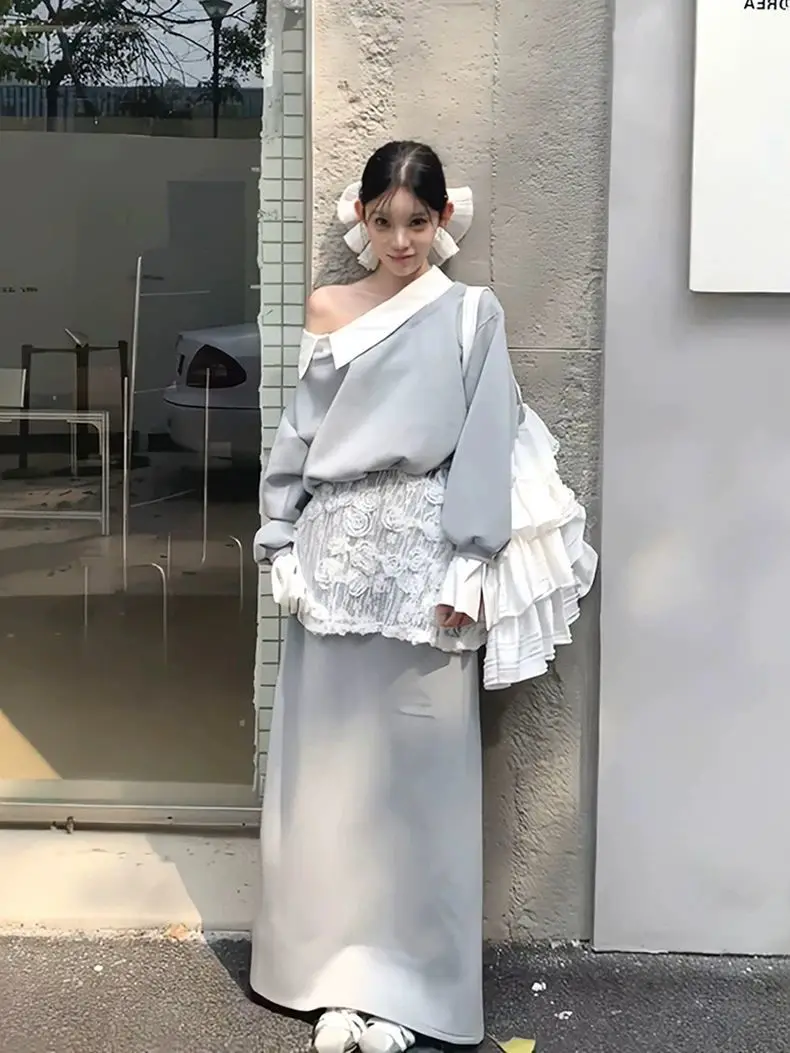 

Korean Sle Lace Design plus Size Women's Autumn Winter Sweater Skirt Set High Waist Long Sve Breathable Casual Faion