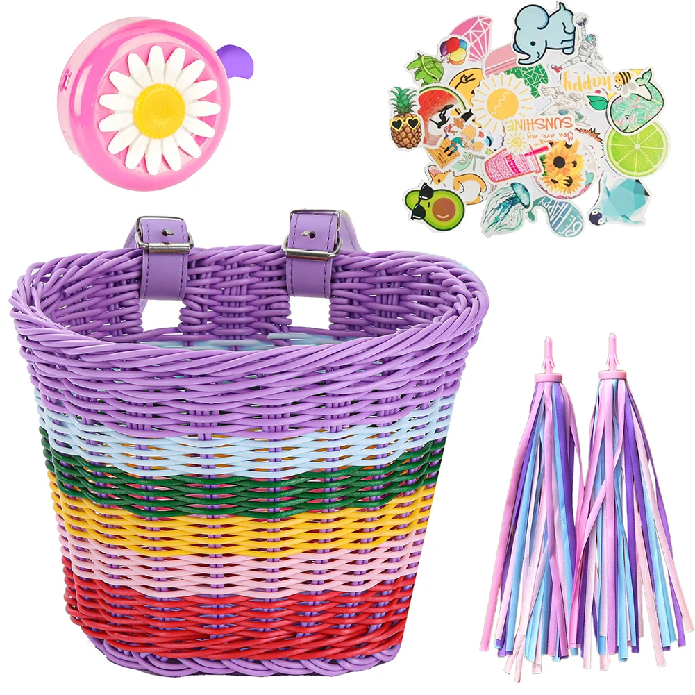 4pcs/Set PE Rattan Wicker Bicycle Front Basket+Bell+Tassel+Stickers Adjustable Handwoven Kid Adult Bike Handlebar Accessories