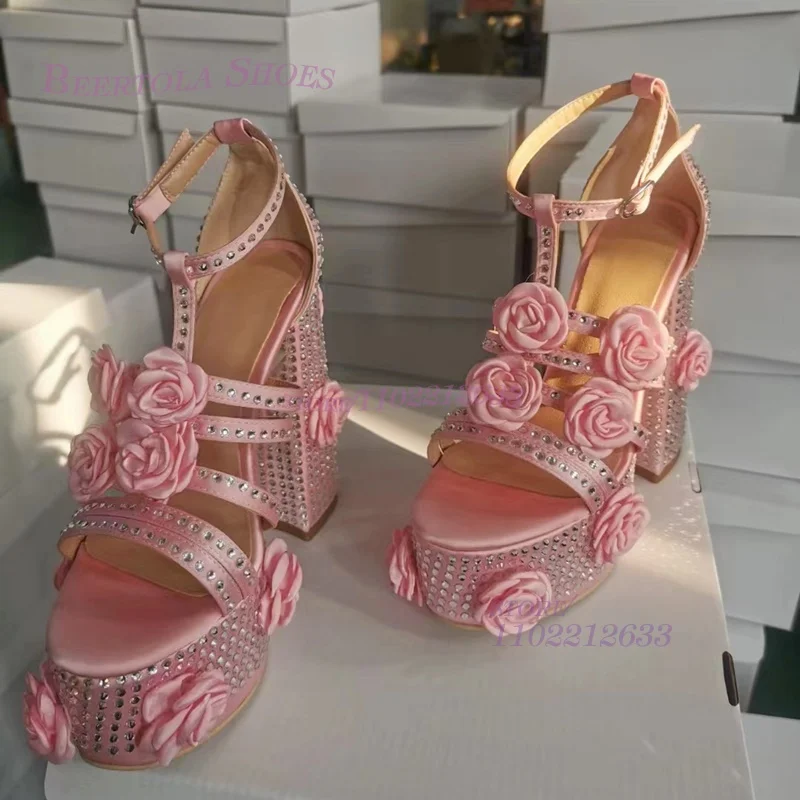 Light Pink Flower Stitching Sandals Girls Platform Crystal Open Heels Summer Short Skirt Dance Pump Rose 3D Thick Heels Woman