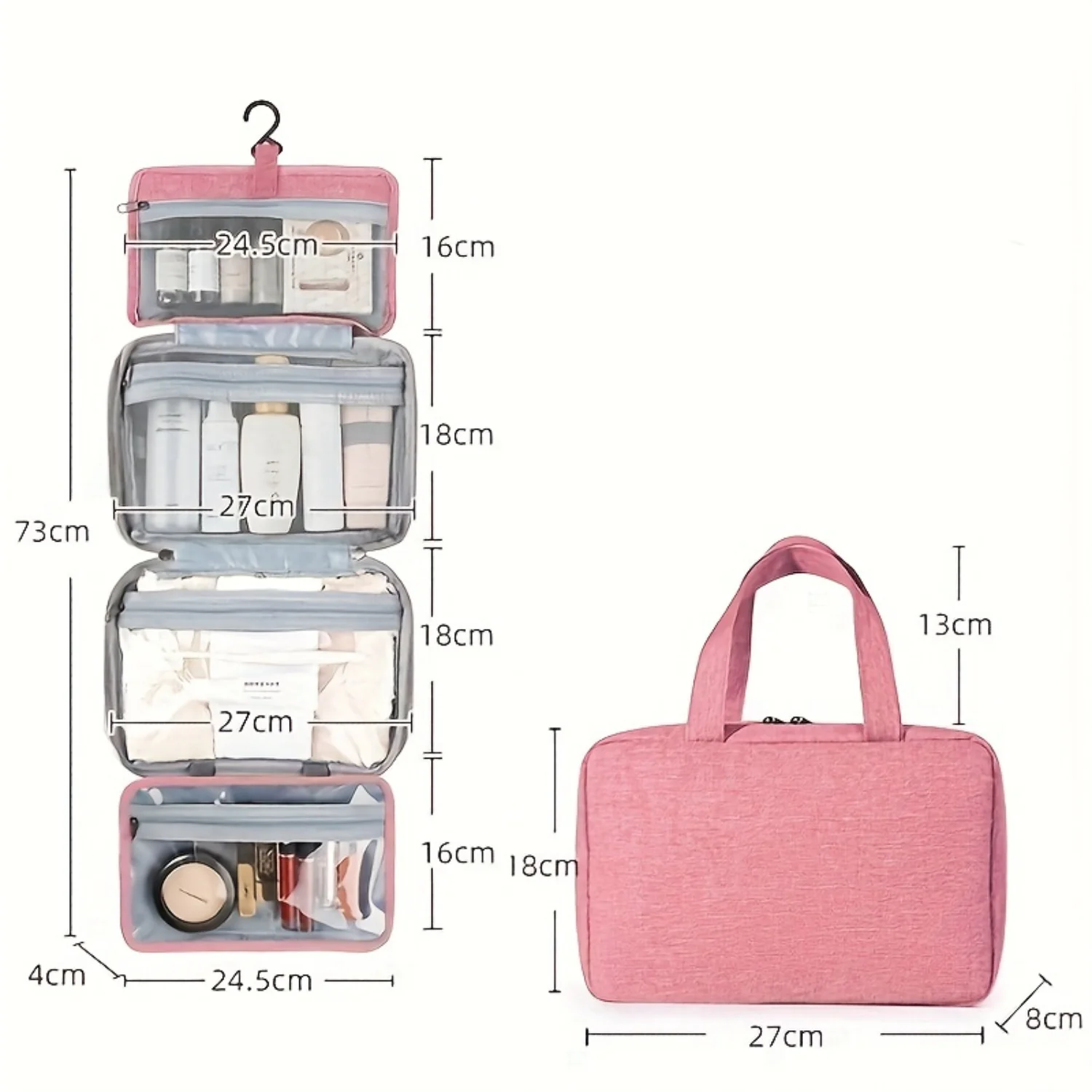 Bolsa de maquillaje de viaje impermeable plegable de cuatro pliegues, gancho para colgar, separación en seco y húmedo, forro de poliéster, diseño elegante, 1 paquete