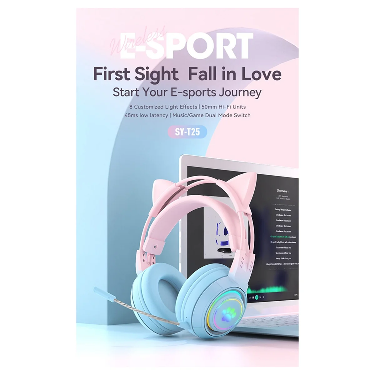 2025+ سماعة رأس بلوتوث لاسلكية على شكل قرون لطيفة مع ضوء RGB للأطفال باللون الوردي