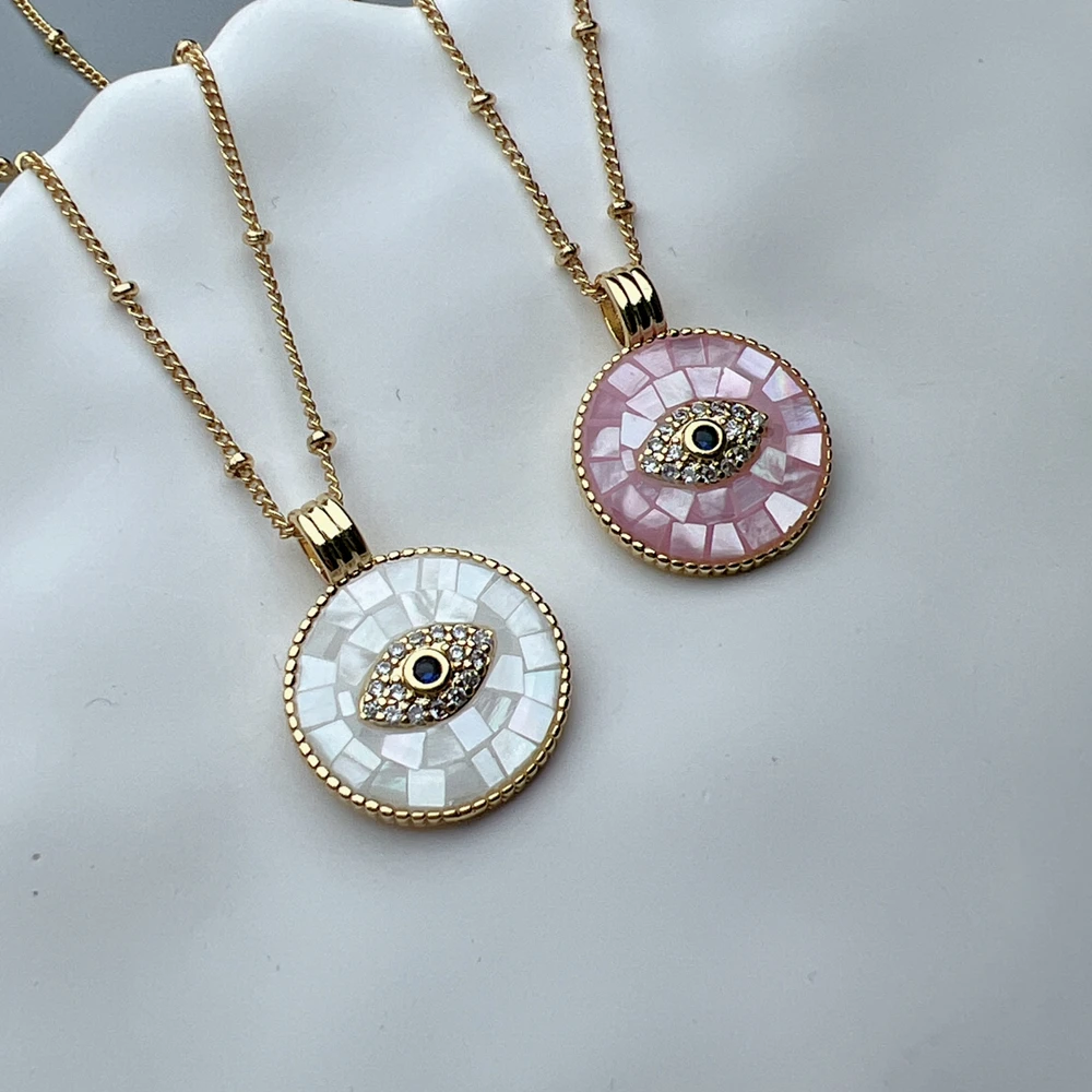 Trendy Round Pink Sea Shell Crystal Zircon Evil Eye Necklace Women PVD 18k Gold Plated Pendant Neck Jewelry