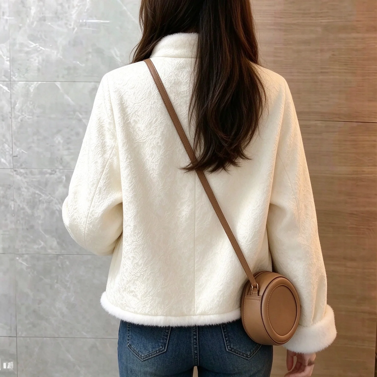 Women Faux Fur Short Coat Retro Chinese Frog Buttons Stand Collar Fuzzy Plush Warm Winter Jacket Ladies Elegant Daily Outerwear