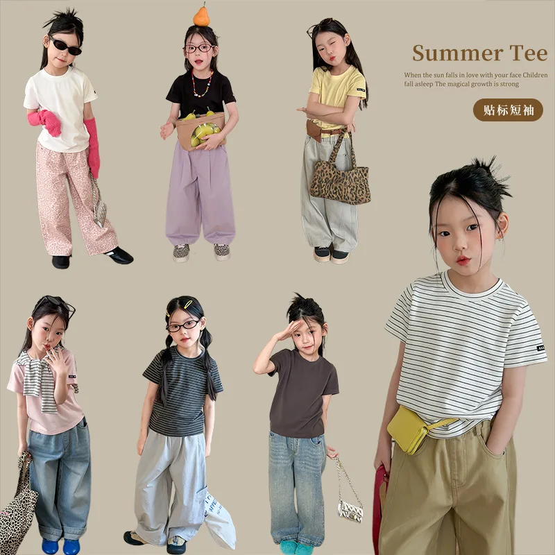 Children's Versatile Basic T-shirt for Boys and Girls Korean Cuff Personalized Details Labeling Letter Short Sleeve