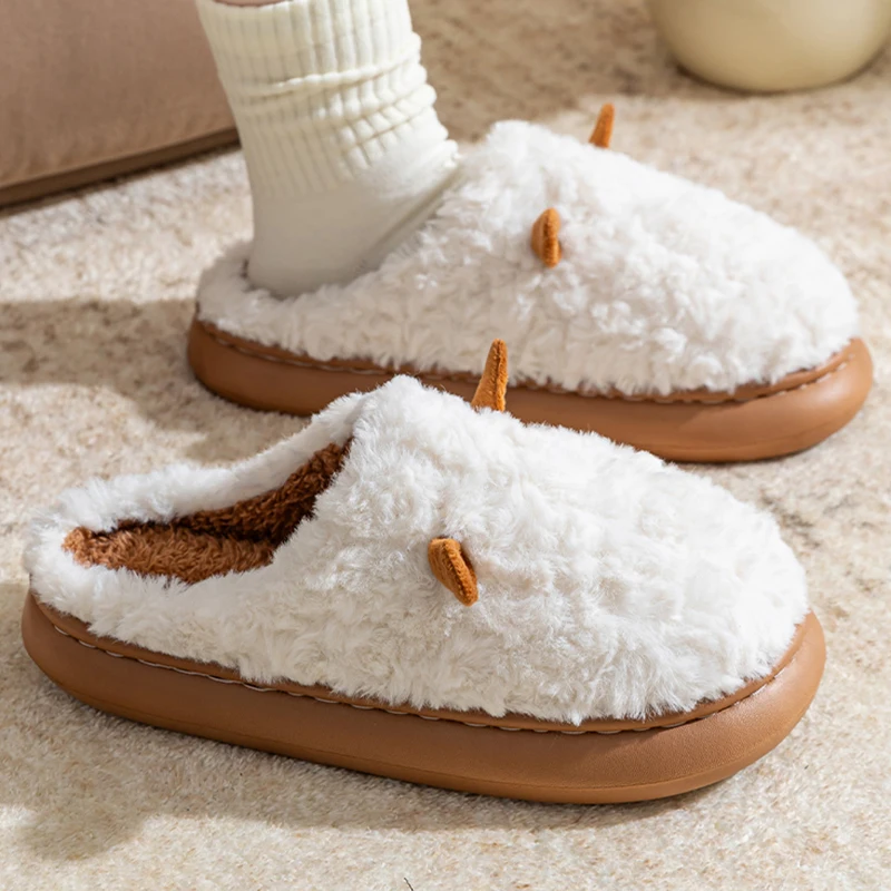 Cute Rabbit Ear Cotton Slippers for Women Winter Indoor Soft Sole Warm Plush Slides Woman Comfy Thick Sole Couple Home Slippers