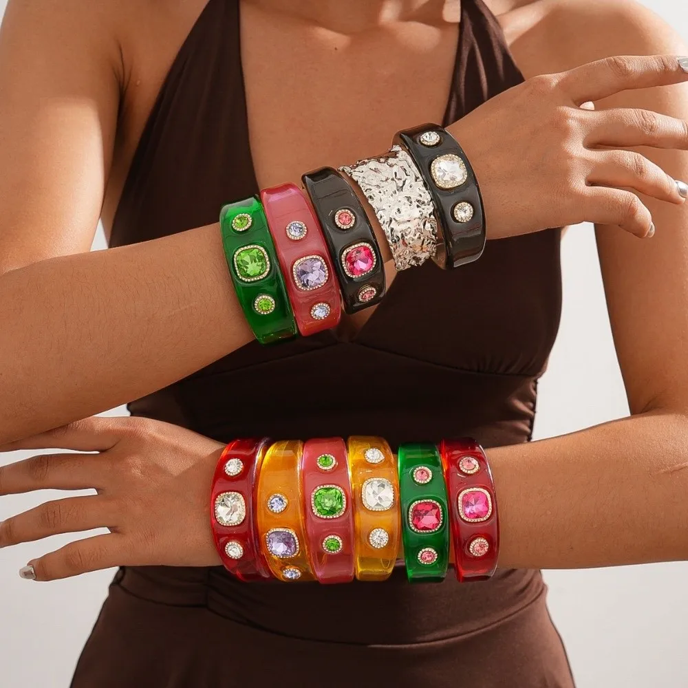 البوهيمي الاكريليك حجر الراين الإسورة أوروبا الأمريكية نمط لطخة غير النظامية واسعة سوار مفتوح Y2K الكلاسيكية مجوهرات اكسسوارات