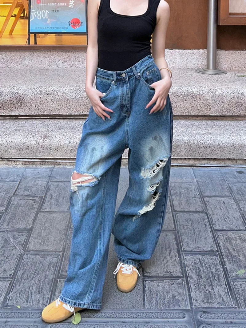 

Американские винтажные рваные джинсы в стиле High Street для женщин, удлиненные брюки в пол, летние модные синие джинсы в стиле миллениум для девушек