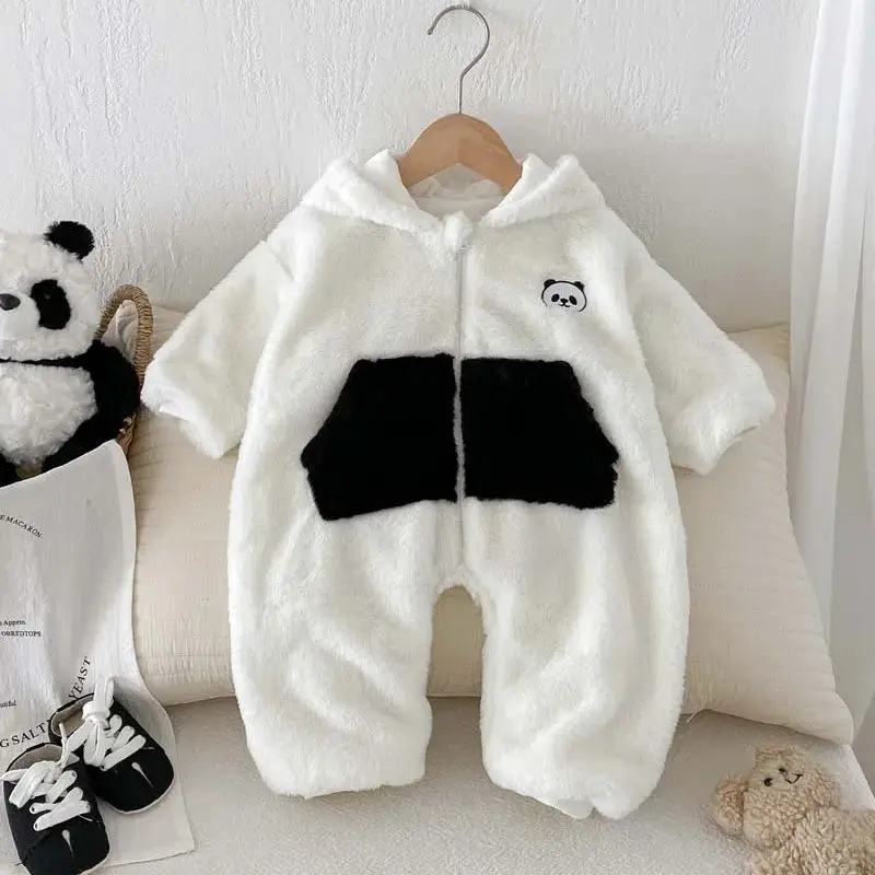 Pasgeboren Baby Romper 2024 Herfst Winter Kleding Kasjmier Warm Baby Jongens Meisje Jumpsuits Schattige Panda Capuchon Peuter Bodysuit