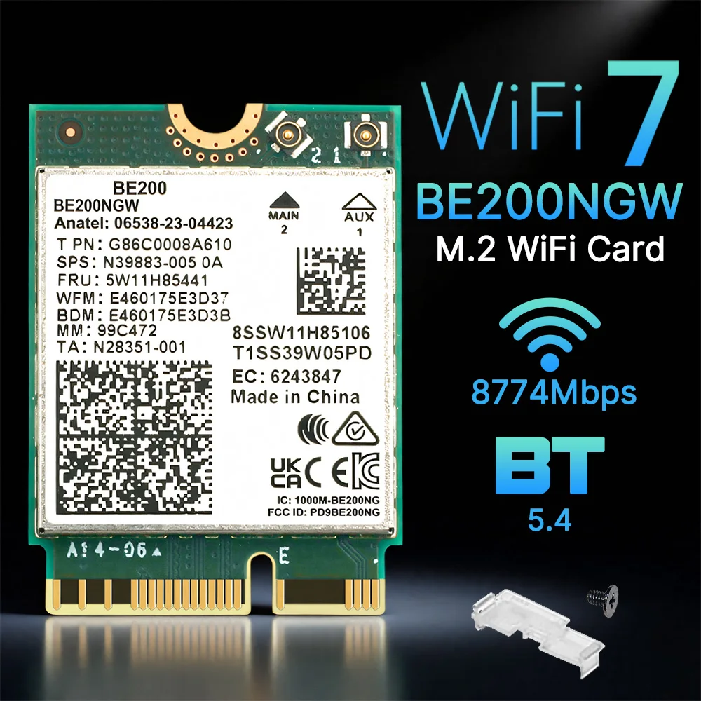 

Wi-Fi 7 BE200NGW M.2 Wireless Card Tri Band 2.4/5/ 5.8Gbps Bluetooth 5.4 2x2 MU-MIMO NGFF Adapter for Win10/11 Laptop Desktop