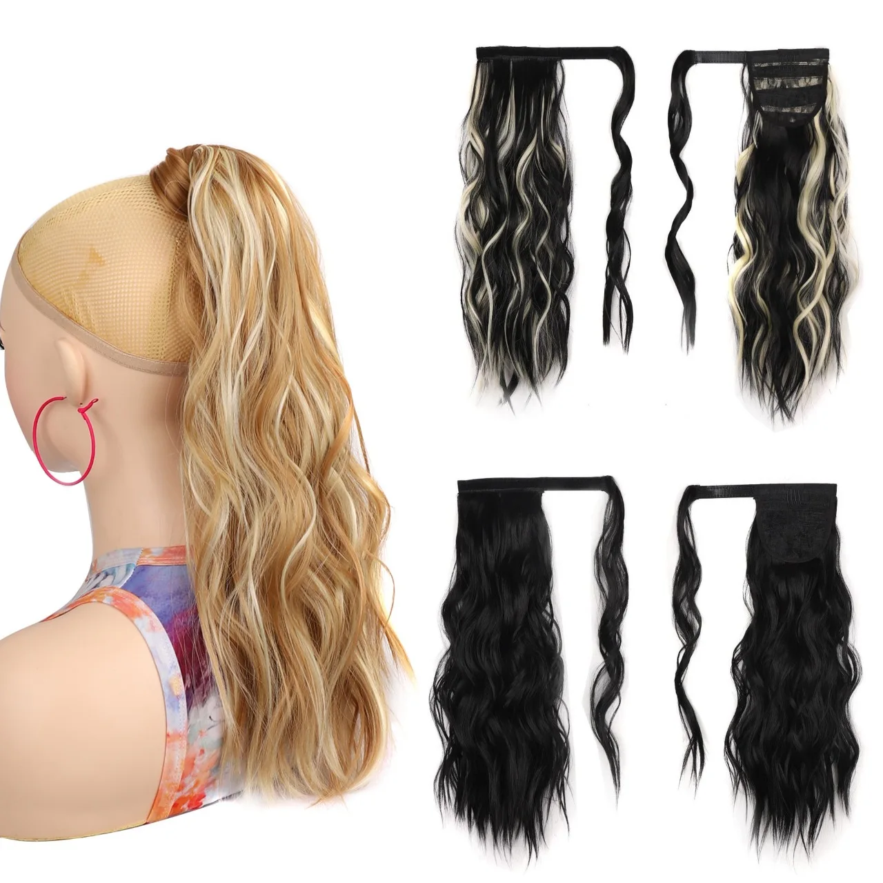 Jeedou Ponytail Extension Short Water Wave Hair Ponytails Wrap Around Pony Tail Synthetic Hairpiece Blonde Color For Ladies