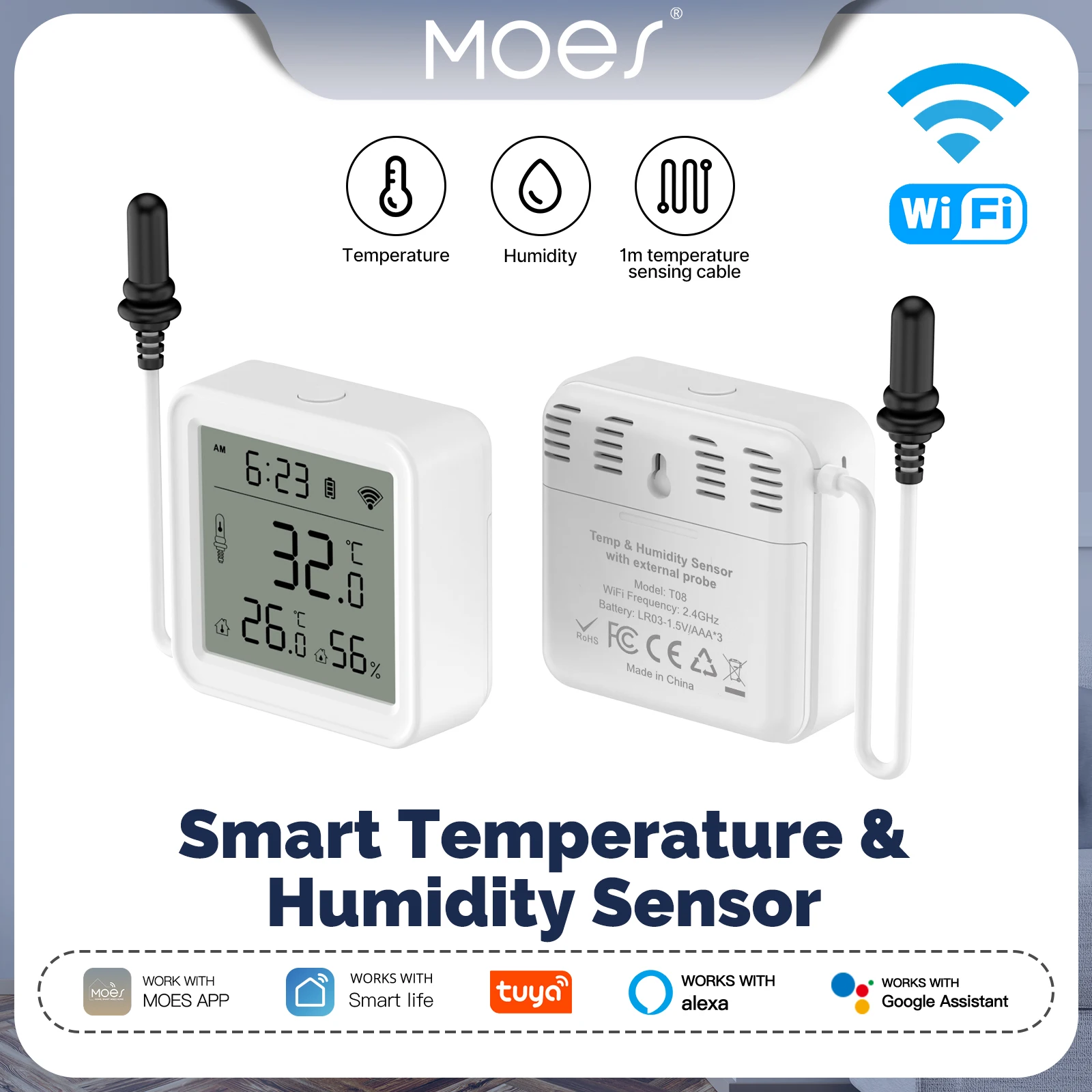 

MOES Tuya WiFi Smart Temperature Humidity Sensor 1M External Sensor Cable Probe App Remote Monitor Work With Alexa Google Home