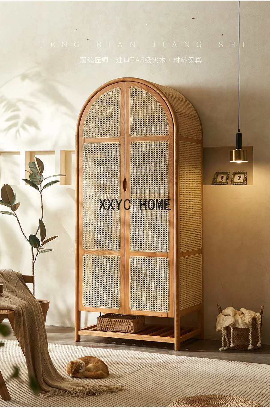 

Скандинавский шкаф для хранения из массива дерева из ротанга, винтажный купольный шкаф с аркой B & B, вертикальная навесная дверь, шкаф для хранения