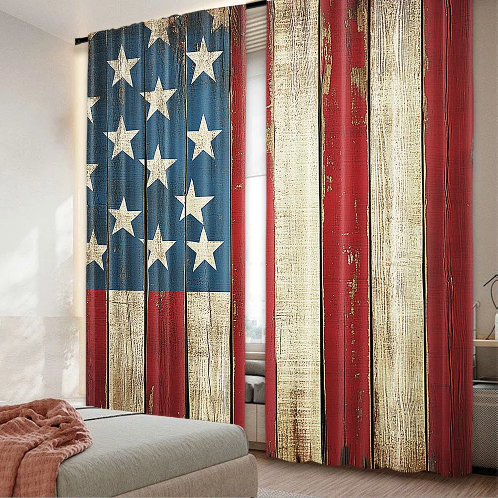 2Pcs American Flag Curtain Us Over Old Rusty Tones Weathered Vintage Social Artwork For Bedroom Living Room And Dining Room