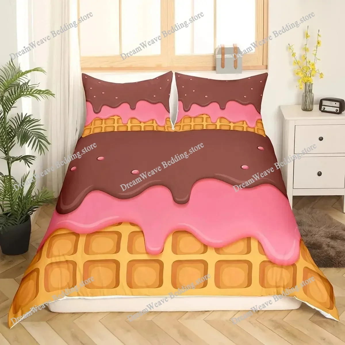 Summer Theme Duvet Cover Set,Cartoon Fruits Ice Cream Bedding Set Dessert Food Soft Light Khaki Quilt Cover Home Textileextile