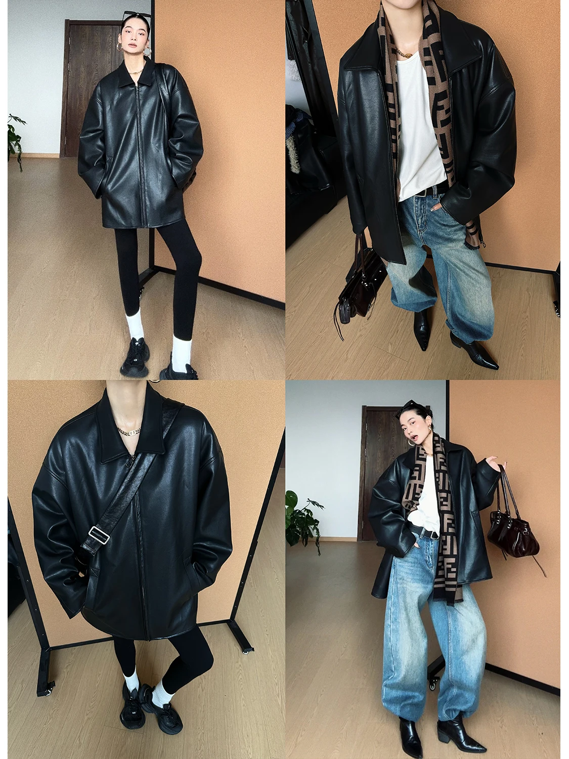 CIZZLEMORE Vintage Sle Fce Lined Warm Jaet Long Sve Zipper Closure Mid-Length Coat Retro Flip-Collar PU Leather