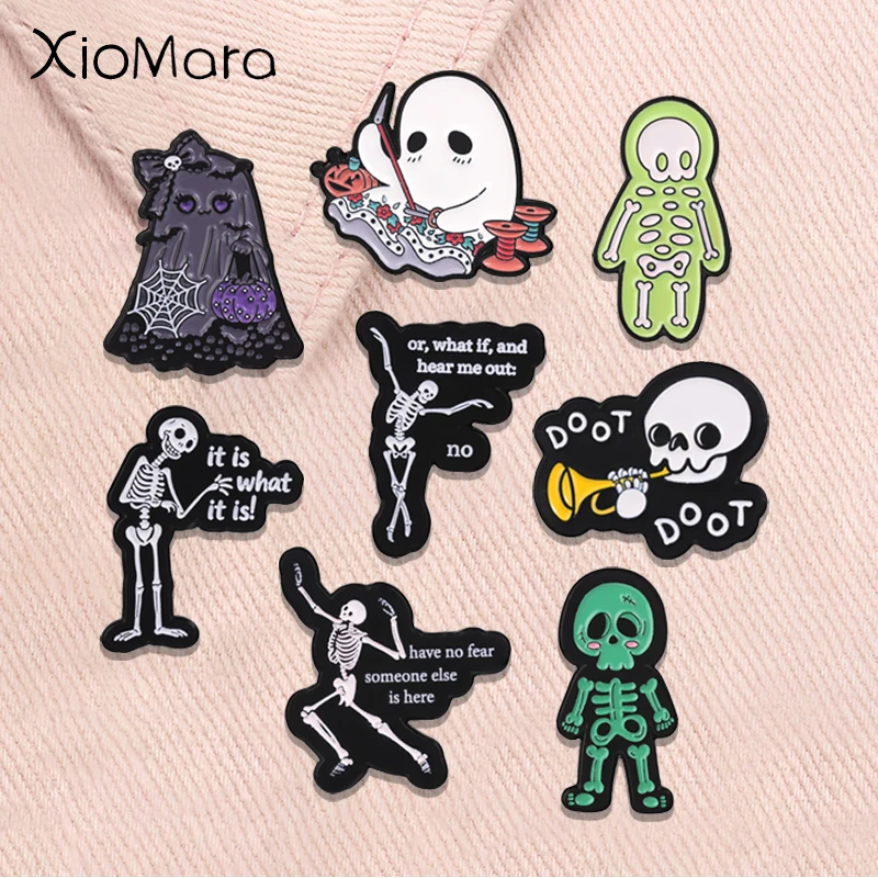 Halloween Ghost Enamel Pins Gothic Pumpkin Spiderweb X-ray Skeleton Doot Horn Dancing Skull Brooches Lapel Badge Jewelry Gifts