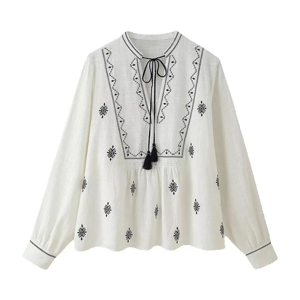 

Новая женская одежда в европейском и американском стиле, модная свободная рубашка с вышивкой в стиле ретро, повседневный топ с длинными рукавами