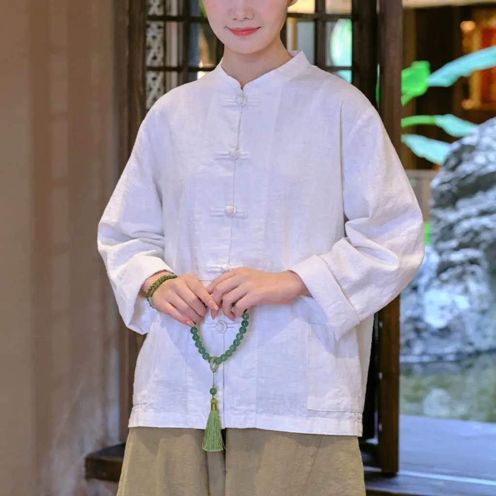

Women's Sand-Washed Linen Cardigan Jacket Cotton And Linen Stand-Up Collar Retro Chinese Color-Blocked Buckle Top