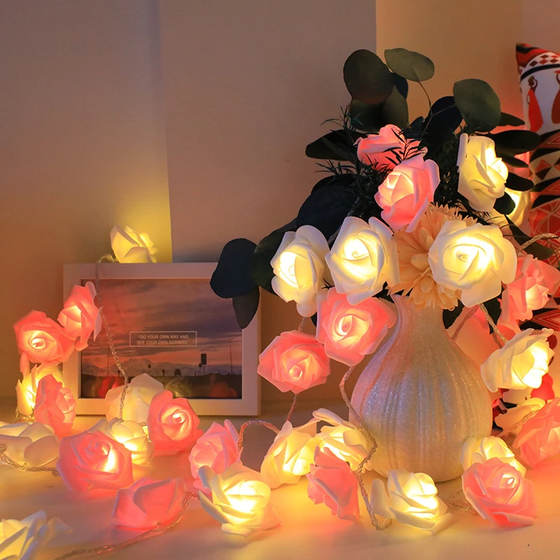 20 LEDs Artificial Rose Flower LED Fairy String Light Battery Power Wedding Party Mother's Day Home Bedroom Decoration Lamp