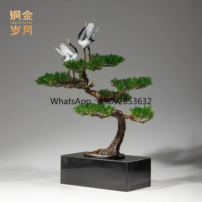 LYY Welcome Pine Tree Brass Ornament Pine Tree Crane Bonsai Potted Plant Living Room Hotel Lobby Model Room Ornament