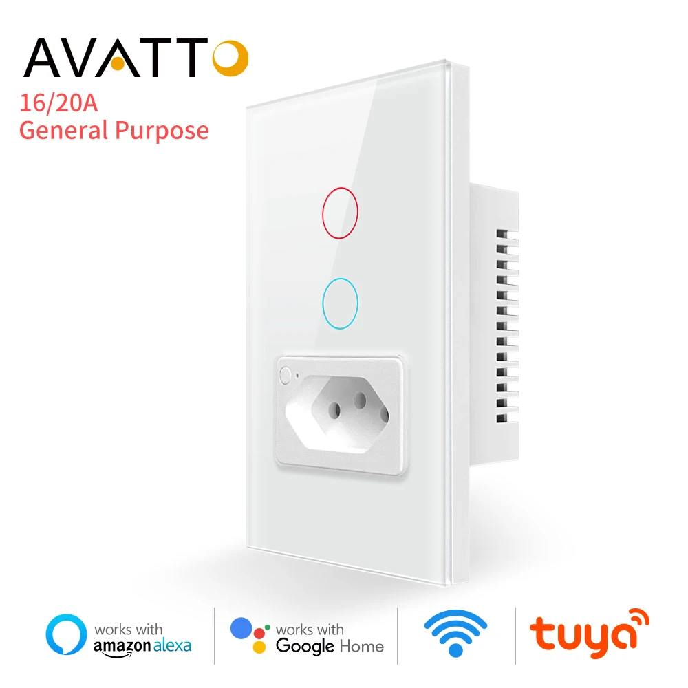 

AVATTO Tuya Wi-Fi переключатель 16A/20A розетка, бразильский стандарт 4X2 стеклянная панель умный выключатель света работает с Alexa Google home