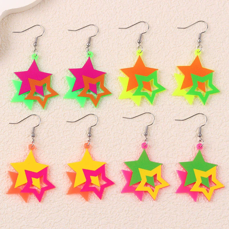New Stacked Star Earrings with Fluorescent Color Hollow Pentagram Acrylic Fashion Trend Earrings Decorative Gifts Wholesale