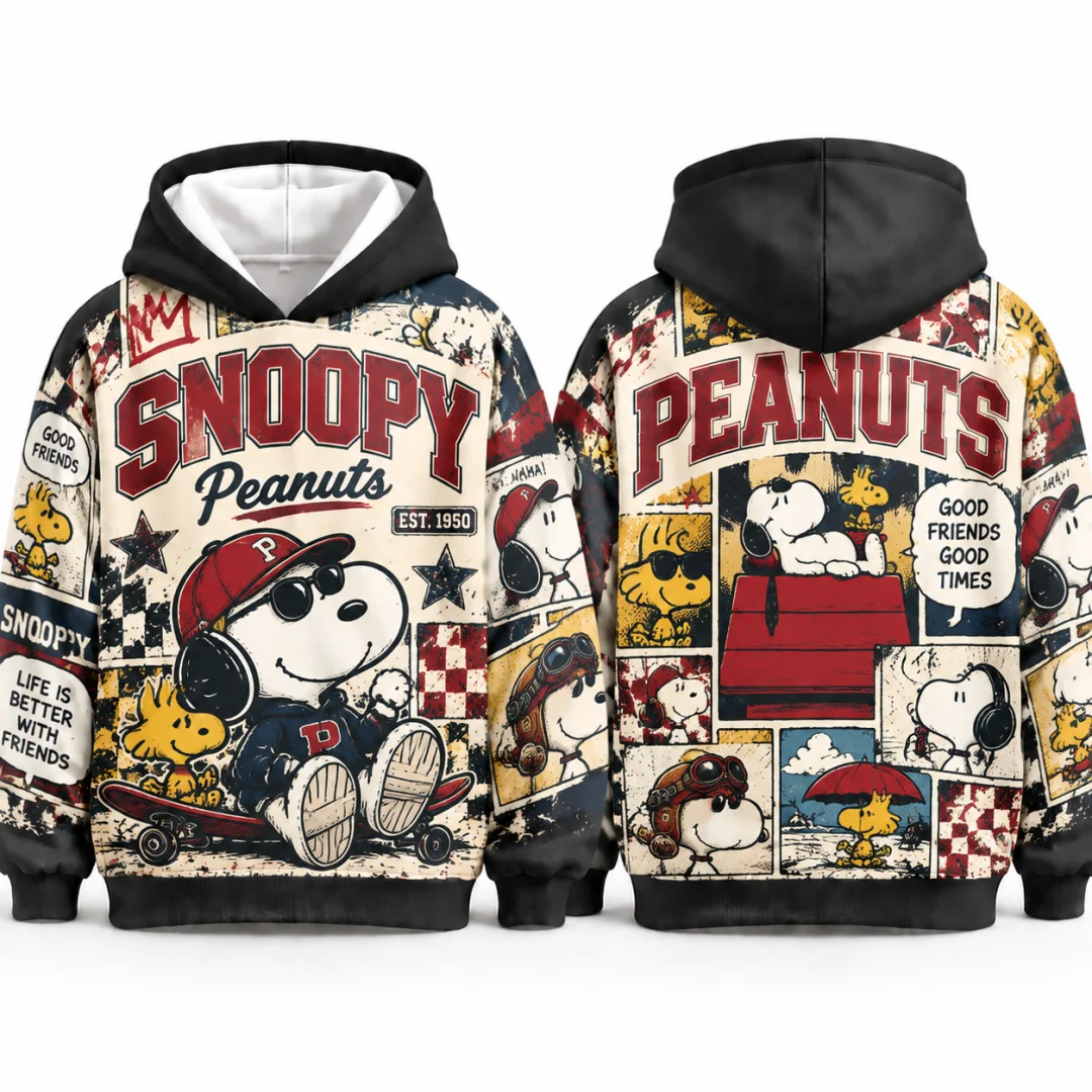 Mens Kids Snoopy Comic Collage Hoodie Vintage Cartoon Skateboard Double Sided Pullover Hooded Sweatshirt Streetwear Tops