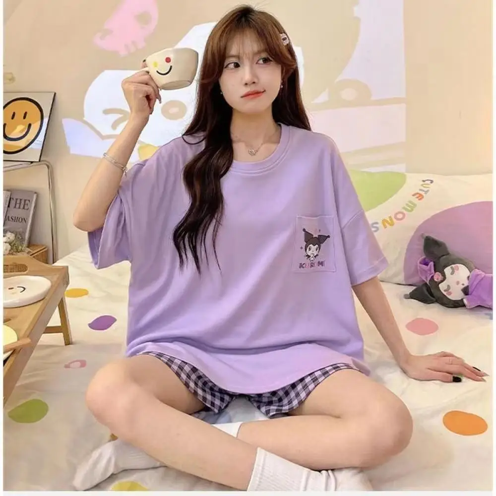 

Cartoon Summer Kuromi Pajamas Suit Cotton Sanrios Cinnamoroll Pochacco Girls Short Sleeves Shorts Anime Student Nightclothes Set