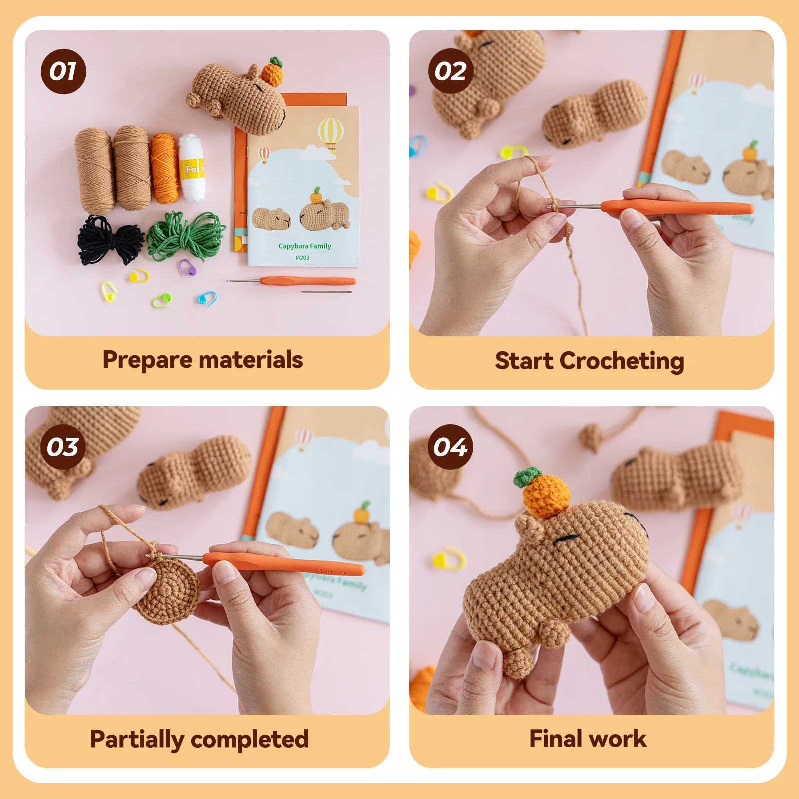 DIY Crochet Kit, Unique 2pcs Capybara Shape Material Kit for Beginners, Hand Knitting Hobby With Written Pattern&Video Tutorials