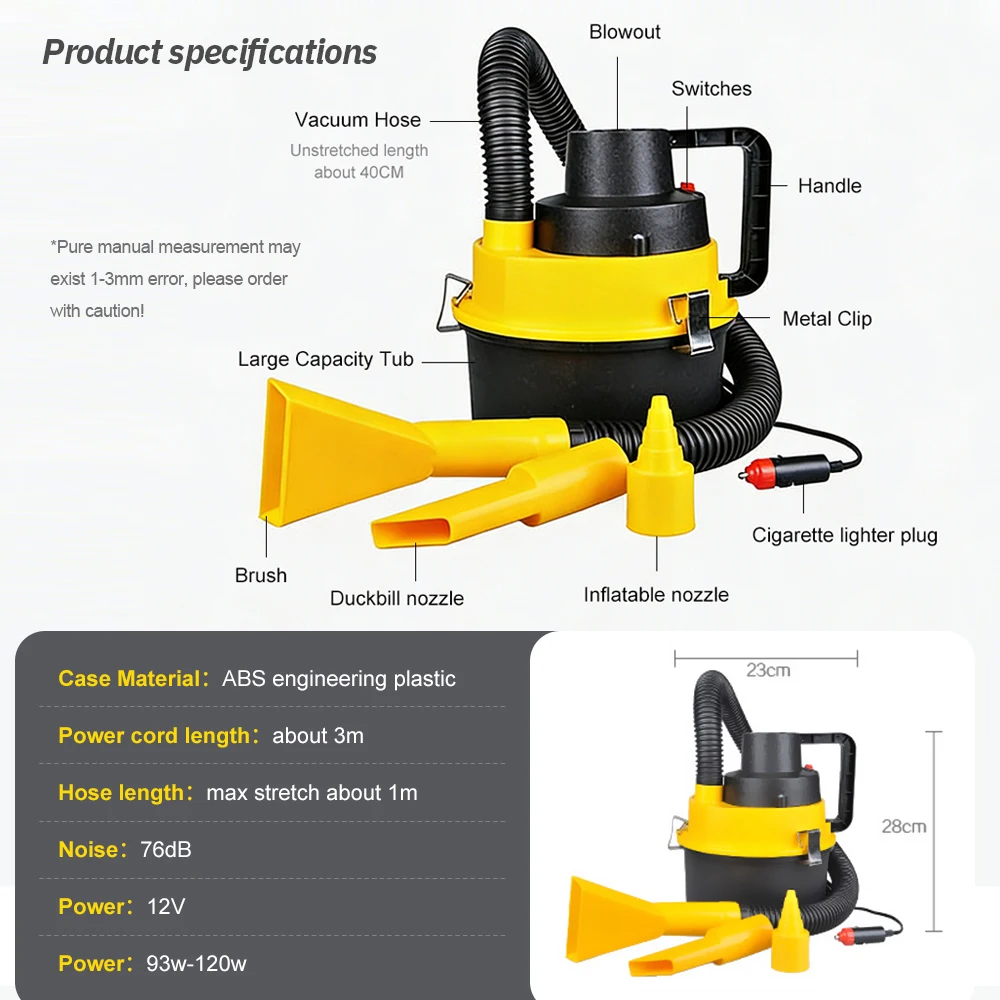 Portable 12V Car Vacuum Cleaner Wet & Dry Canister Vacuum High Power Motor Cleaning Machine for Car Interior Dirt & Liquid