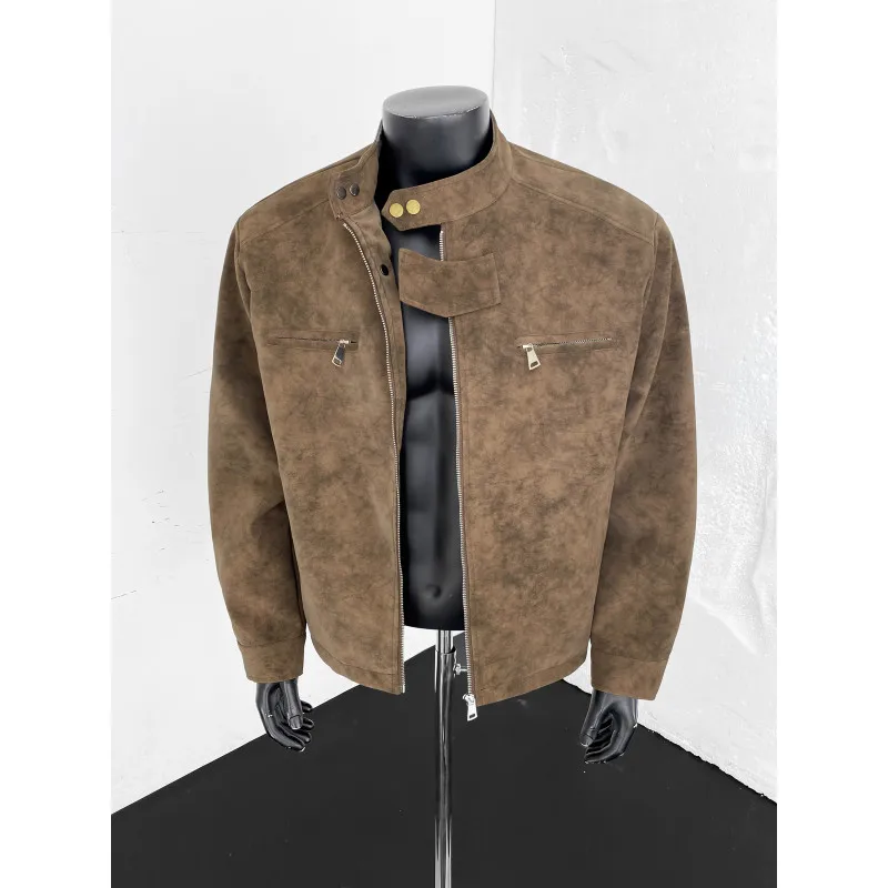 Spring Suede Jacket for Men Tie Dye Stand Up Collar Motorcycle Jacket Oversized Social Casual Hip-hop Harajuku PU Leather Jacket