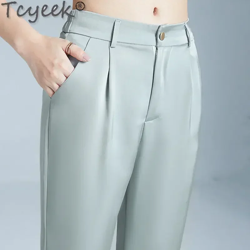 

Tcyeek 95% Mulberry Silk Pants Streetwear 2023 Summer Women Pants High Waist Woman Clothes Casual Wide-Leg Trousers Pantalones