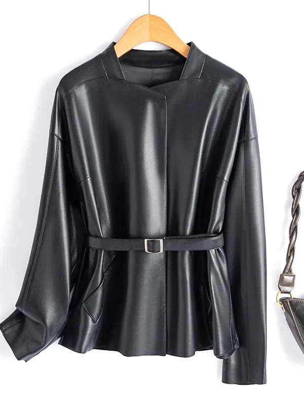 Manteau en cuir pour femme, nouvelle collection printemps-automne, en cuir de vachette, cintré à la taille, coupe-vent, manteau en cuir pour femme