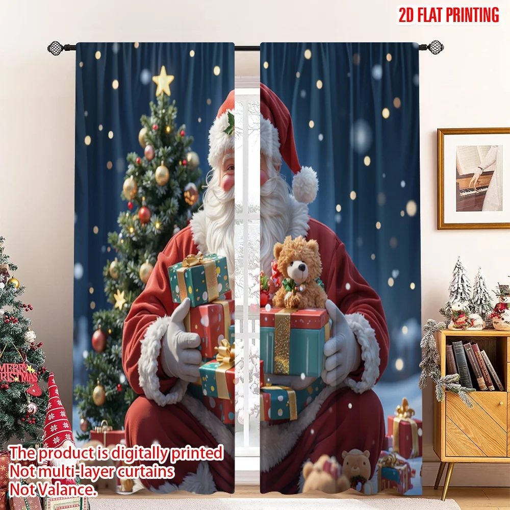 

2pcs 2D flat printing Merry Christmas Window Drapes Santa Claus Merry Christmas Gift Polyester Without Electricity Spring Use