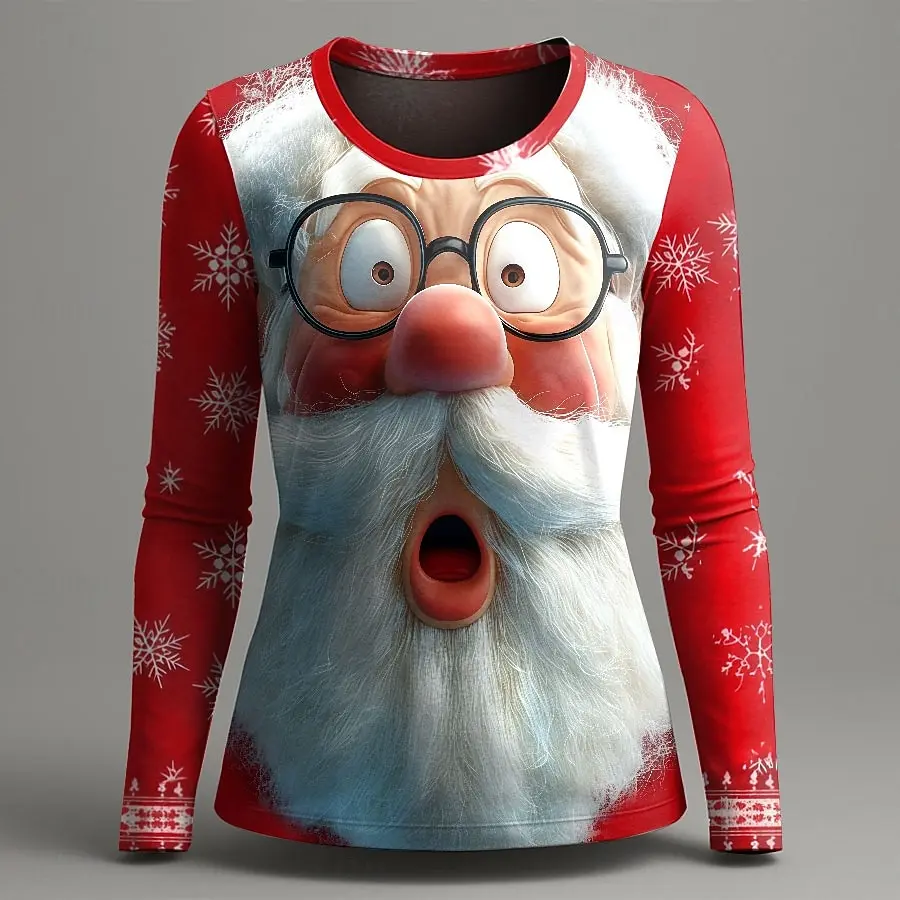 Christmas Autumn Women's Long Sleeved T-shirts 3D Santa Claus Pattern Round Neck Tshirt y2k Party Costumes Winter Woman Clothing