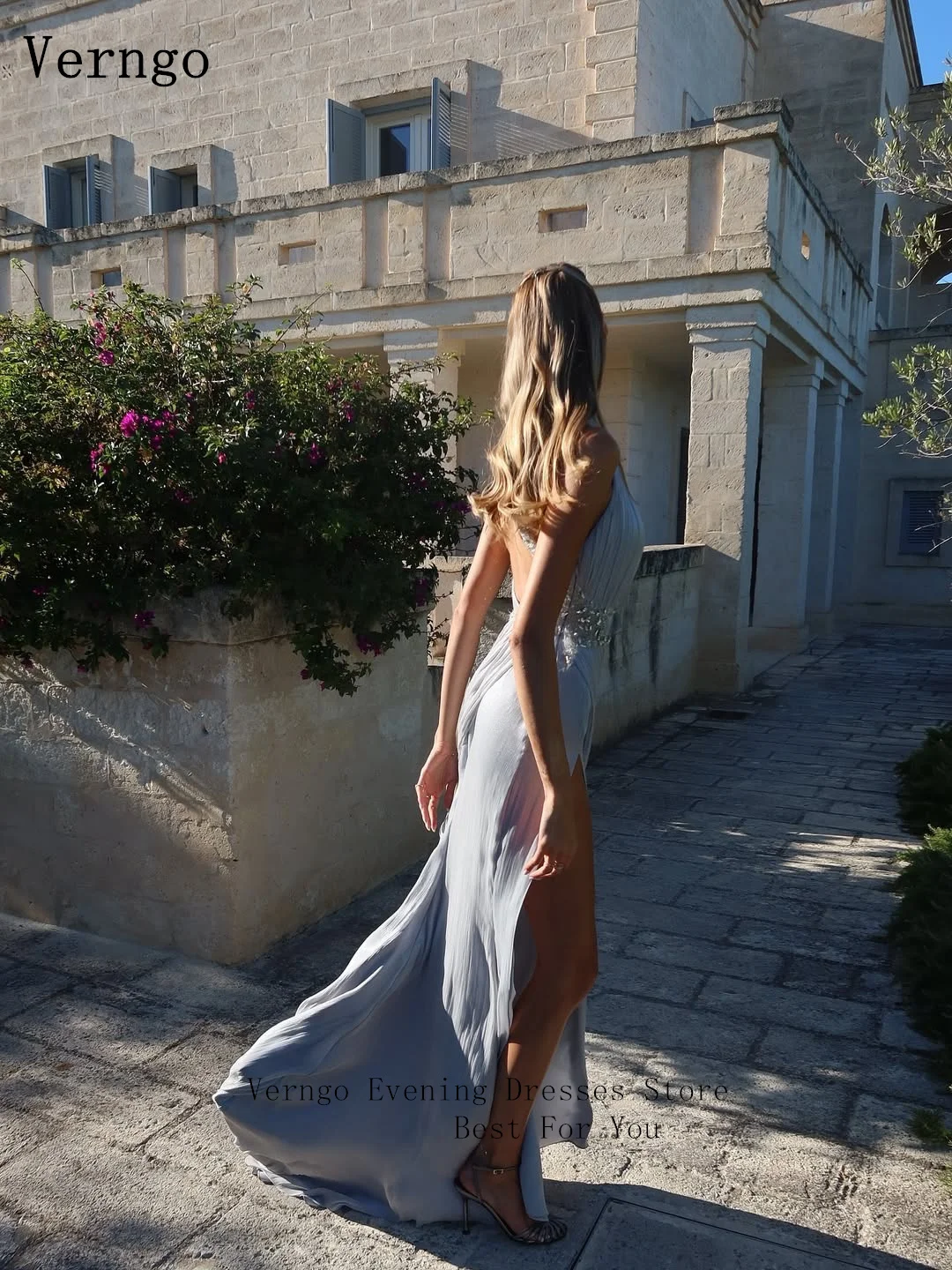 Verngo-vestido de noche de satén brillante gris de lujo, vestido de fiesta Sexy con abertura lateral y cuello Halter, vestidos de fiesta de graduación personalizados