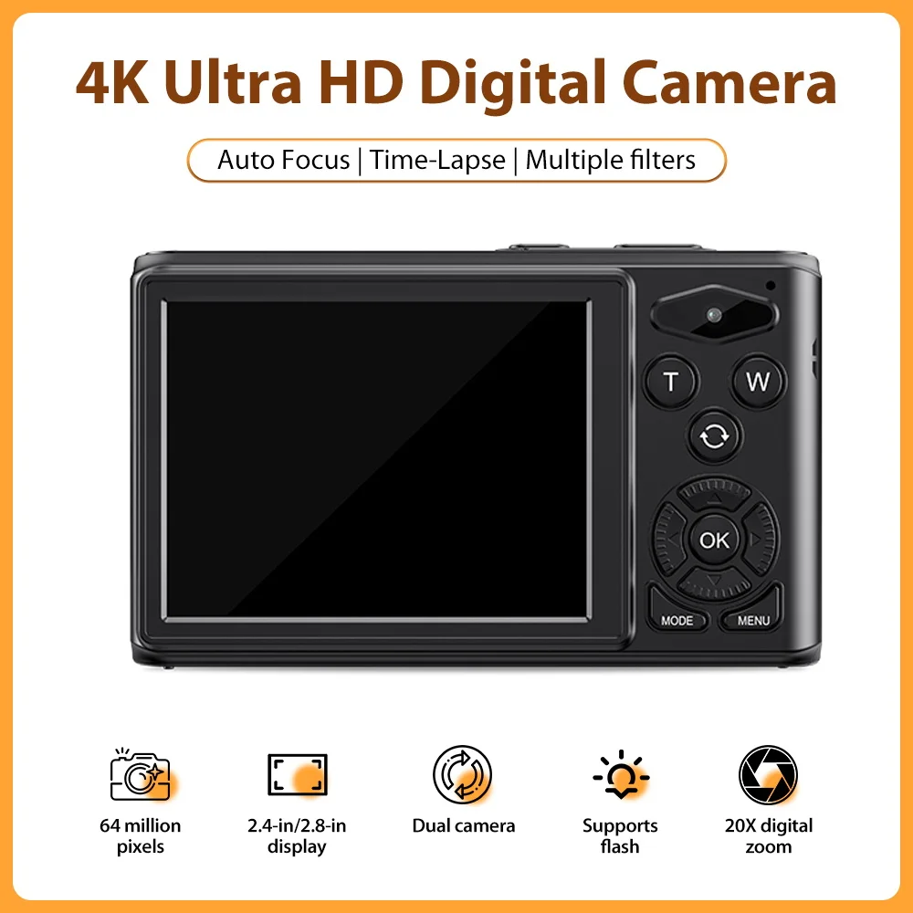 

64MP Photography 4K Ultra HD Video Camera 2.4-inch Display Screen 20X Digital Zoom Support photo video shooting built-in flash