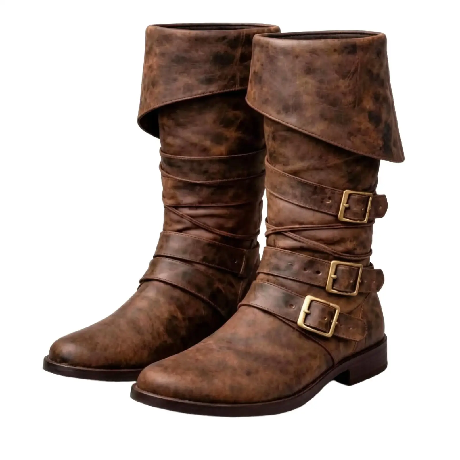 Men Medieval Distressed Pirate Boots Fold Cuff Triple Buckle Mid Calf Leather Boots Renaissance LARP Halloween Costume Shoes