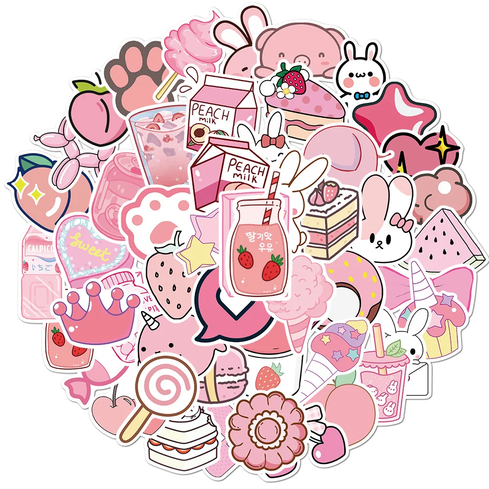 50pcs Cute Pink Stickers for Water Bottles, Kawaii Aesthetic VSCO Stickers for Laptop Hydroflask Skateboard, Waterproof