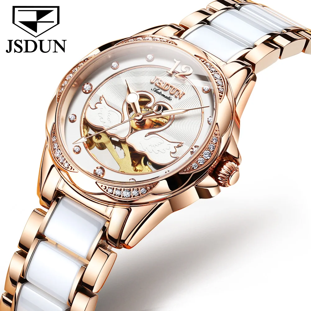 JSDUN Genuine Automatic Mechanical Women Watch Elegant Ceramics Strap Stainless Steel Waterproof Ladies Wristwatch Luxury Watch