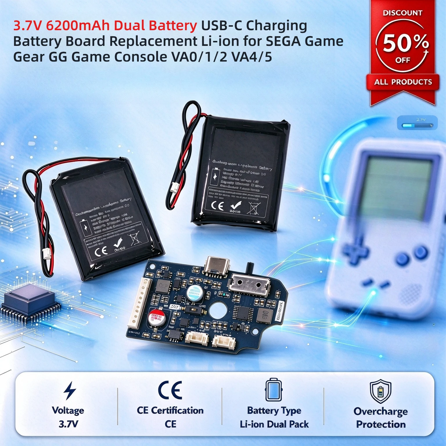 3.7V 6200mAh Dual Battery USB-C Charging Battery Board Replacement Li-ion for SEGA Game Gear GG Game Console VA0/1/2 VA4/5