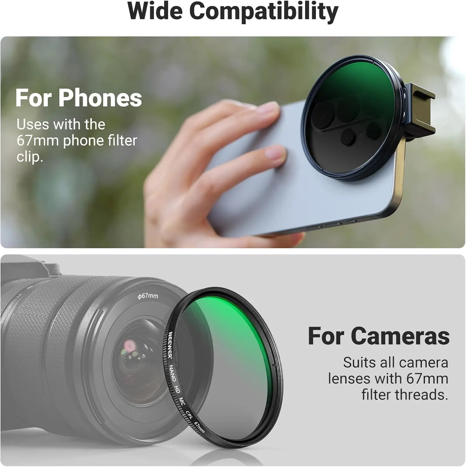 NEEWER 67mm Filtr CPL do Telefonu z Klipsem Cold Shoe, Filtr Polaryzacyjny Kołowy HD, Akcesoria do Obiektywów, Do Androida Samsung iPhone — zdjęcie produktu 6