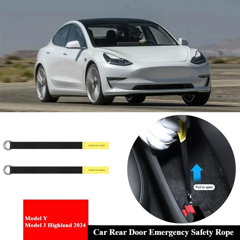 2PCS Car Rear Door Emergency Safety Rope For Tesla Model Y Model 3 Highland 2024 Rear Door Mechanical Switch Emergency Handle