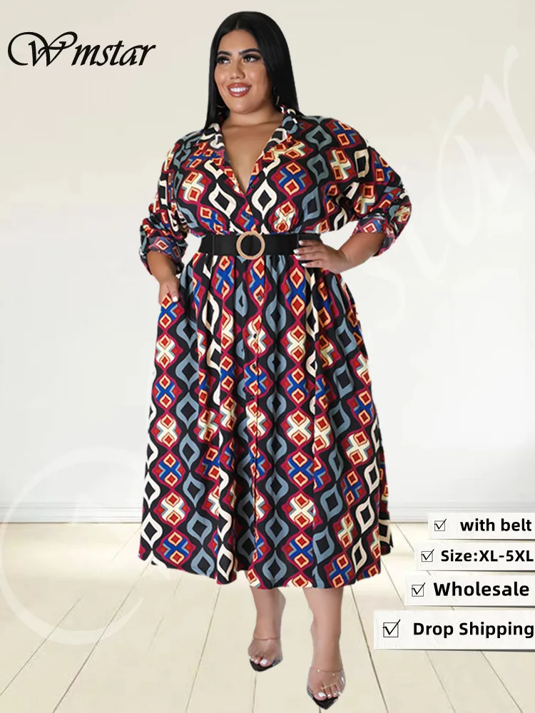 Wmstar Plus Size Dresses Women with Belt V Neck Print Maxi Dress Elegant Office Lady Fashion Streetwear Wholesale Dropshipping