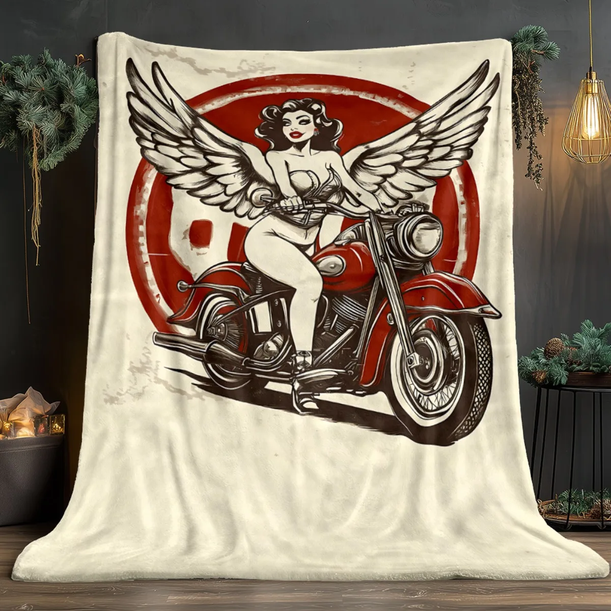 Pin Up Girl on Motorcycle Wings Retro Vintage Art Flannel Blanket Soft Warm Throw Cover for Biker Lifestyle Home Decor Gift Idea