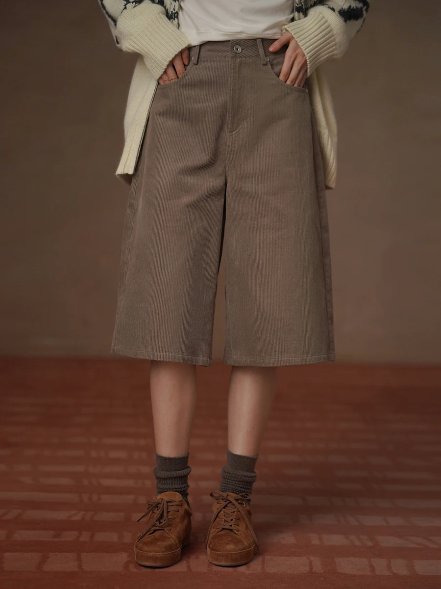 Hacikis Miss Vintage Corduroy Loose Straight High Waist Short Casual Five-Point Pants Women's Comfortable High Waist Straight...