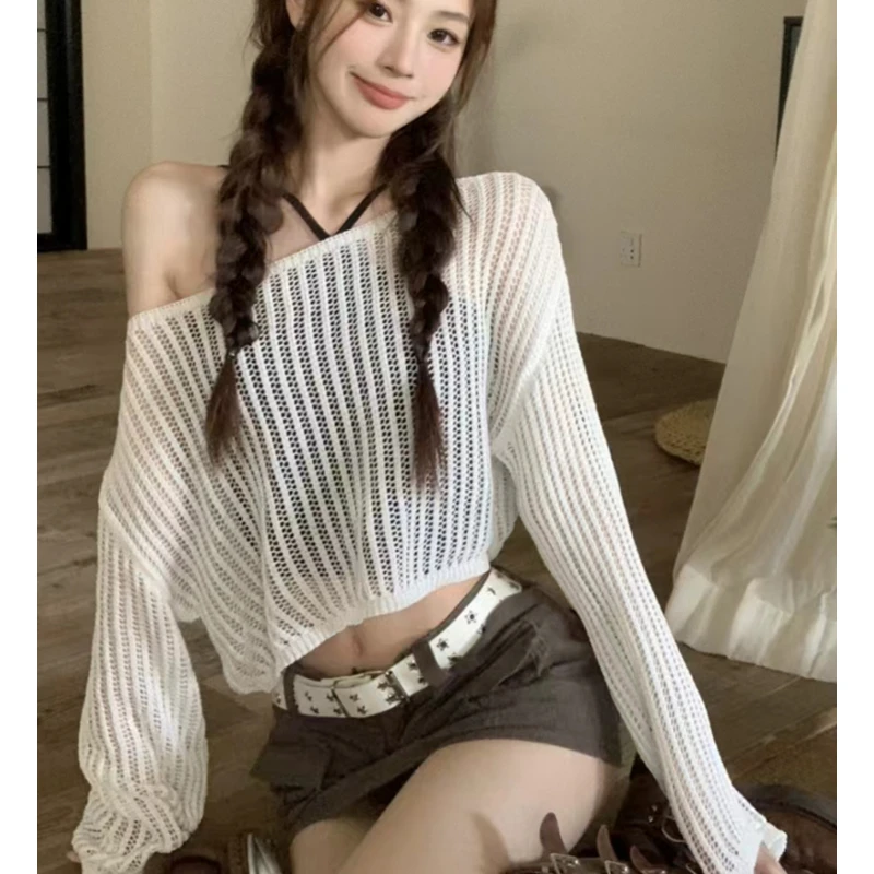 Hollow Ice Silk Knitted Sun Protection Shirt Women Summer Cover T-shirt Long Sleeve Air Conditioning Top