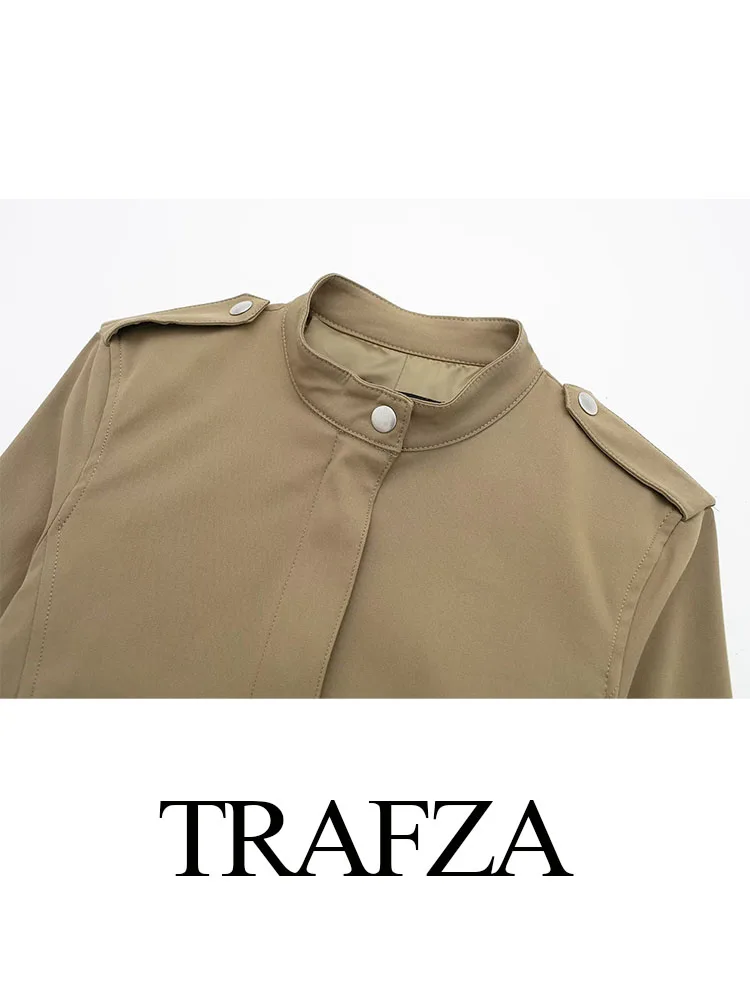 TRAFZA Women Spring Suit Solid O-Neck Long Sleeves Pockets Zipper Jackets+High Waist Belt Decoration Zipper Pleated Skirts